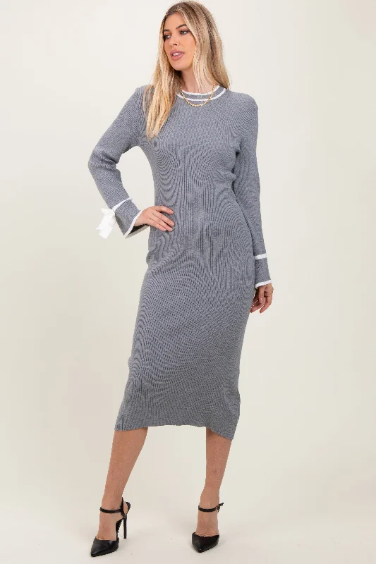 Women's midi dress petal glow -Grey Knit Bow Detail Sleeve Midi Sweater Dress