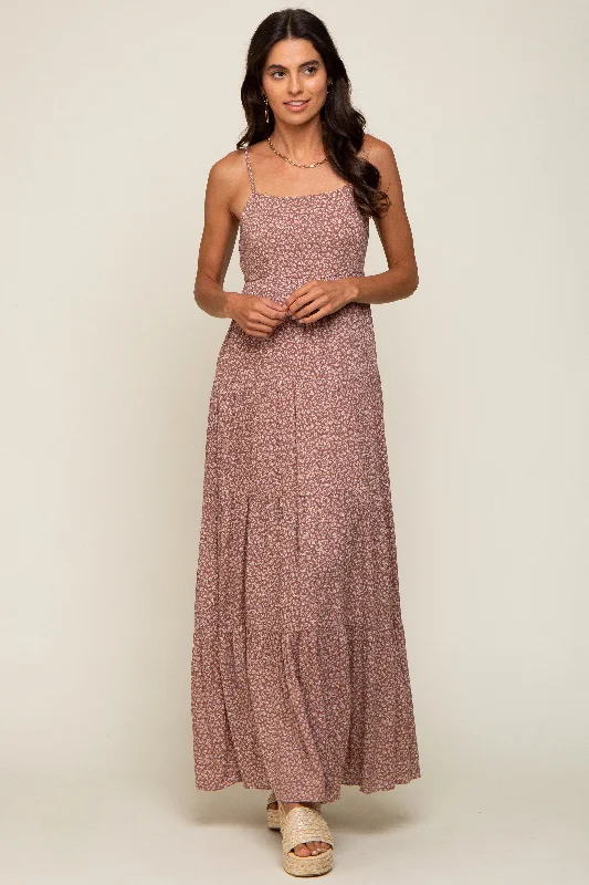 ladies-maxi-dress-color-charm-Mauve Ditsy Floral Tiered Maxi Dress