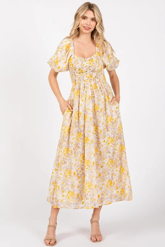 Women's midi dress wide pop -Yellow Floral Smocked Sweetheart Neck Short Puff Sleeve Midi Dress