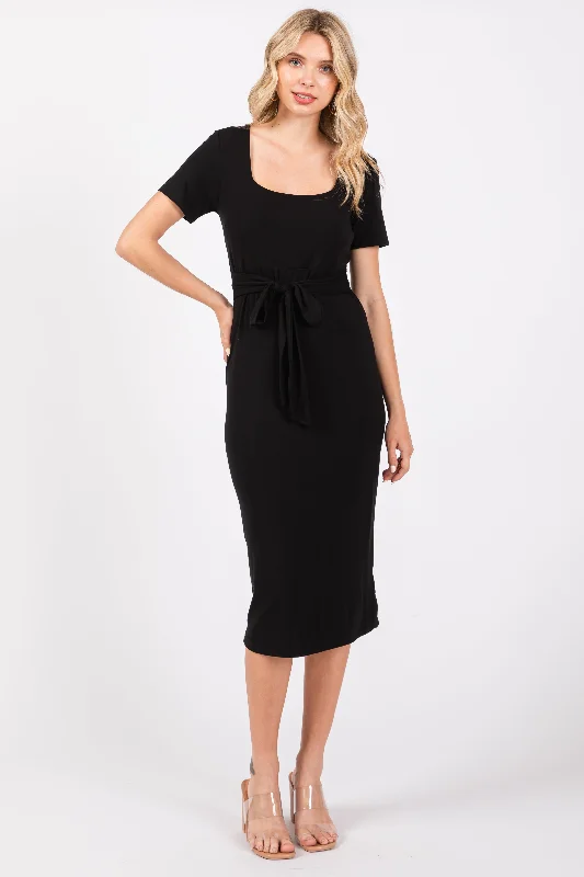 Women's midi dress muse glow -Black Square Neck Belted Midi Dress