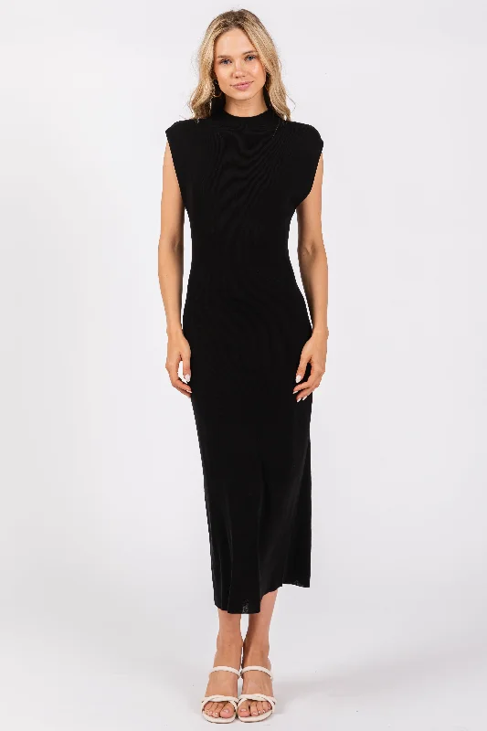 Women's midi dress sun flair -Black Knit Mock Neck Midi Dress