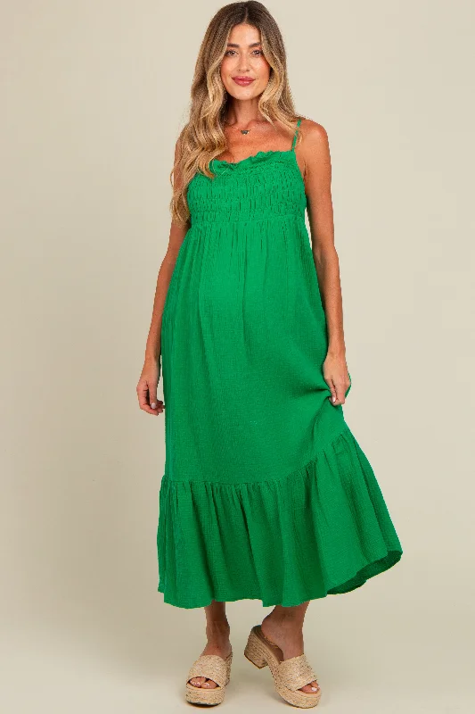 ladies-maxi-dress-keyhole-kiss-Green Smocked Maternity Maxi Dress