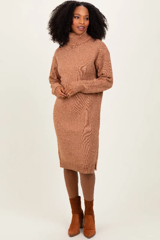 Women's midi dress wide flair -Camel Turtleneck Side Slit Midi Sweater Dress