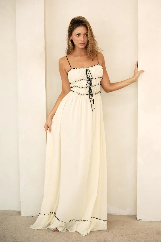 ladies-maxi-dress-pearl-poise-Cream Color Contrast Peasant Sleeveless Maxi Dress