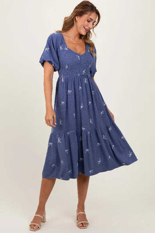 Women's midi dress buzz flair -Blue Ribbon Print Smocked Midi Dress