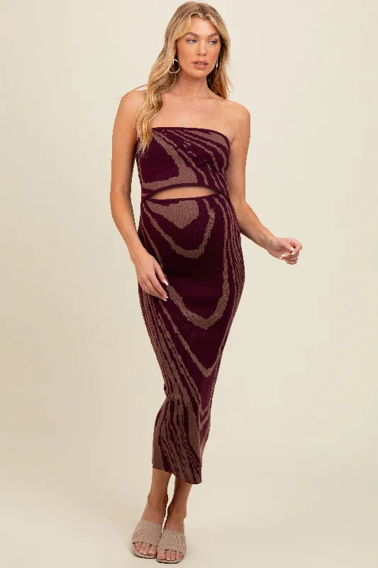 ladies-maxi-dress-sheer-shimmer-Purple Printed Strapless Cutout Fitted Maternity Maxi Dress