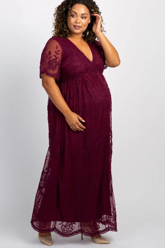 ladies-maxi-dress-street-silk-PinkBlush Burgundy Lace Mesh Overlay Plus Maternity Maxi Dress