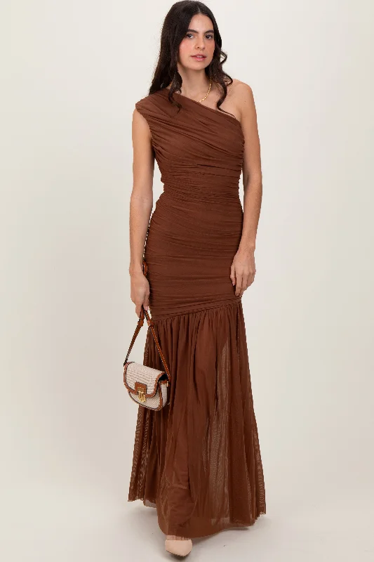 ladies-maxi-dress-swingy-silk-Mocha Ruched Mesh One Shoulder Maxi Dress