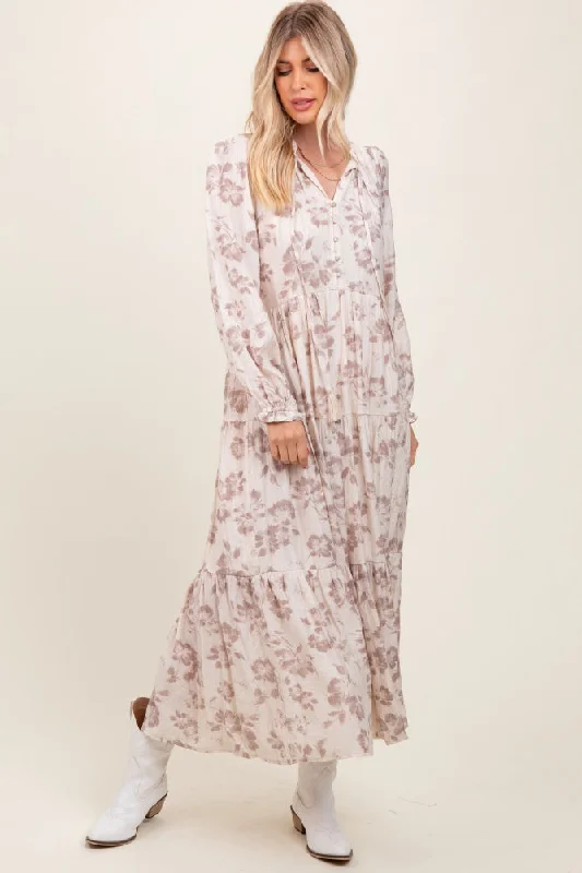 ladies-maxi-dress-day-to-dusk-Mocha Floral Button Front Tiered Long Sleeve Maxi Dress