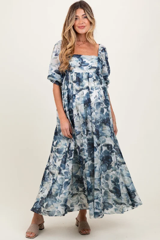 ladies-maxi-dress-70s-sunset-Navy Floral 3/4 Puff Sleeve Maternity Maxi Dress