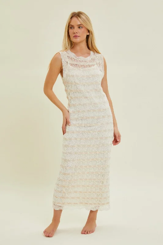 Women's midi dress stem chic -Beige Crochet Knit Sleeveless Midi Dress