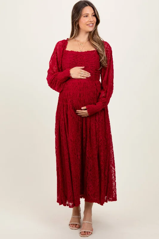 ladies-maxi-dress-curvy-charm-Burgundy Lace Smocked Bubble Sleeve Maternity Maxi Dress