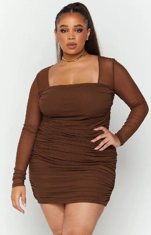 Women's party dress task chic -Estee Long Sleeve Mesh Party Dress Brown