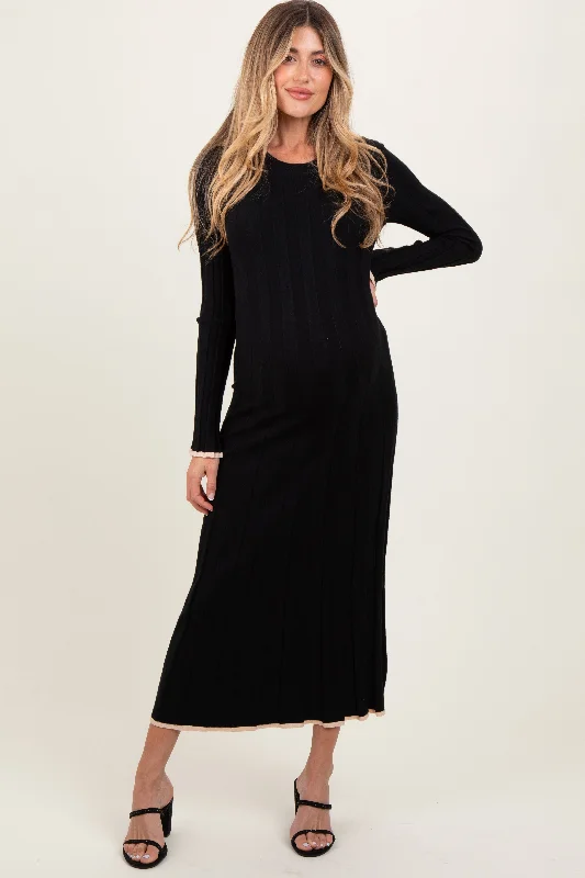 ladies-maxi-dress-office-opulence-Black Ribbed Knit Maternity Maxi Sweater Dress