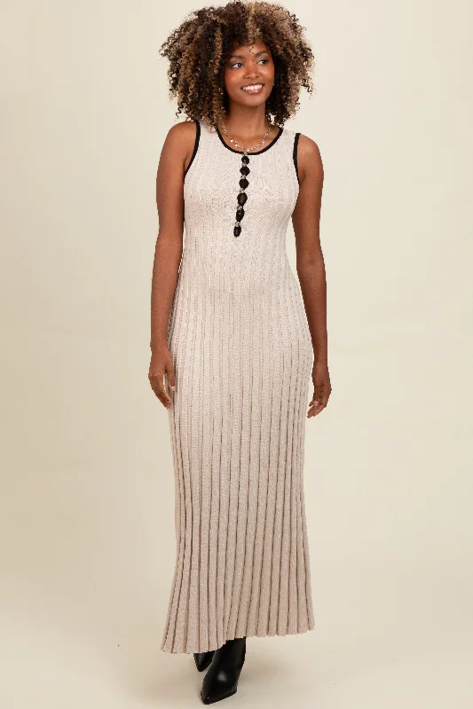 ladies-maxi-dress-solid-sophistication-Beige Ribbed Knit Button Detail Sleeveless Maxi Dress