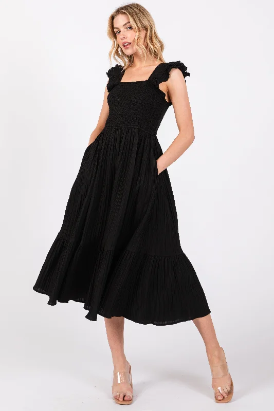 Women's midi dress bend pop -Black Striped Flutter Sleeve Midi Dress