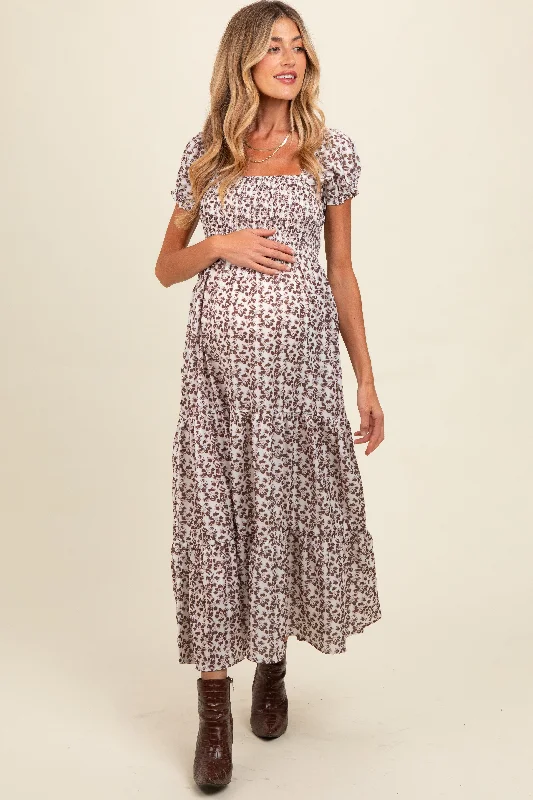 ladies-maxi-dress-minimal-mirth-Brown Floral Puff Sleeve Smocked Maternity Maxi Dress