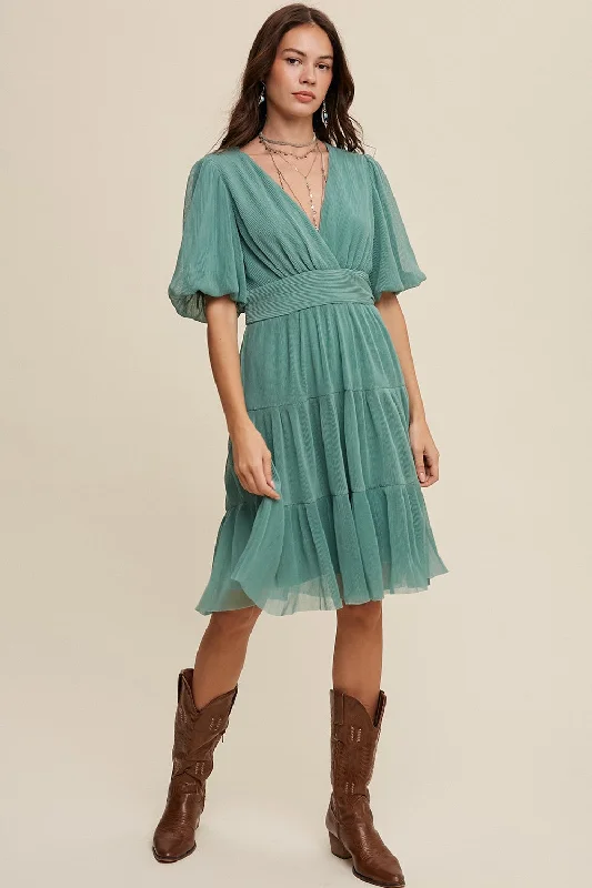 Women's midi dress past pop -Sage V-Neck Pleated Mesh Cinched Waist Midi Dress