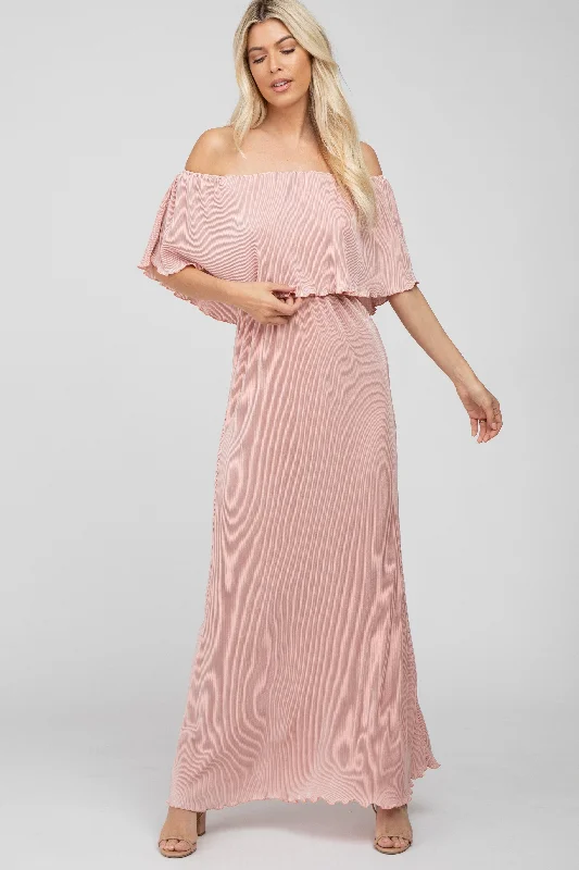 ladies-maxi-dress-70s-sunset-Pink Pleated Ruffle Off Shoulder Maxi Dress