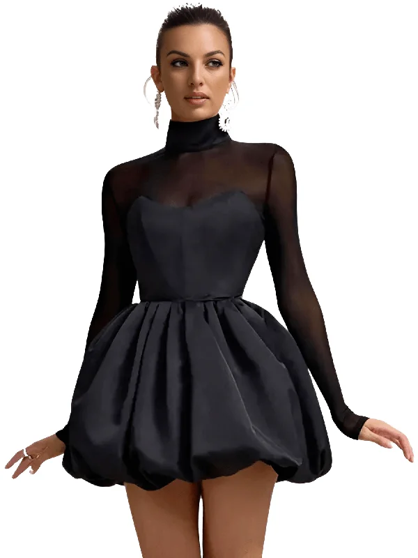 Women's party dress tug pop -Women's Turtleneck Sexy Sheer Long Sleeve Black Mini Dress See Through High Waist A-line Club Party Dress Elegant