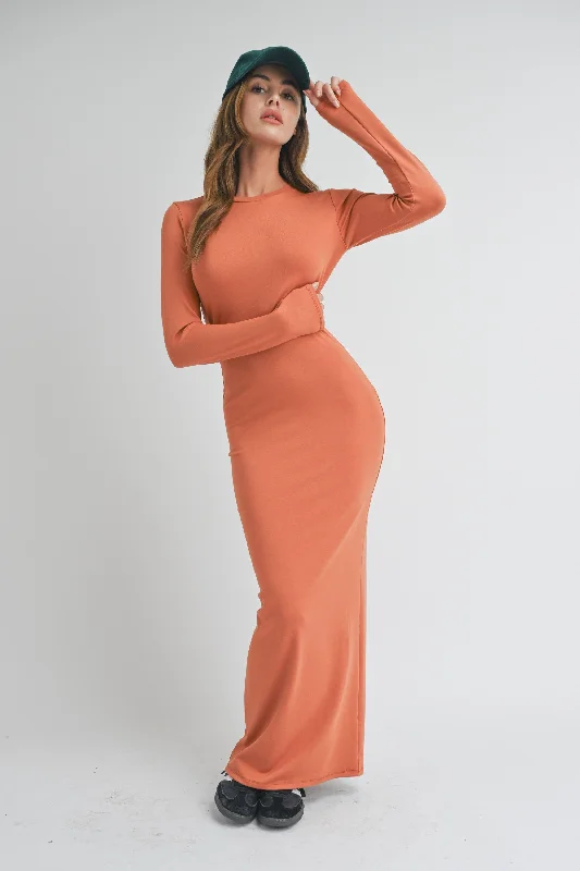 ladies-maxi-dress-holiday-hush-Rust Long Sleeve Fitted Maxi Dress