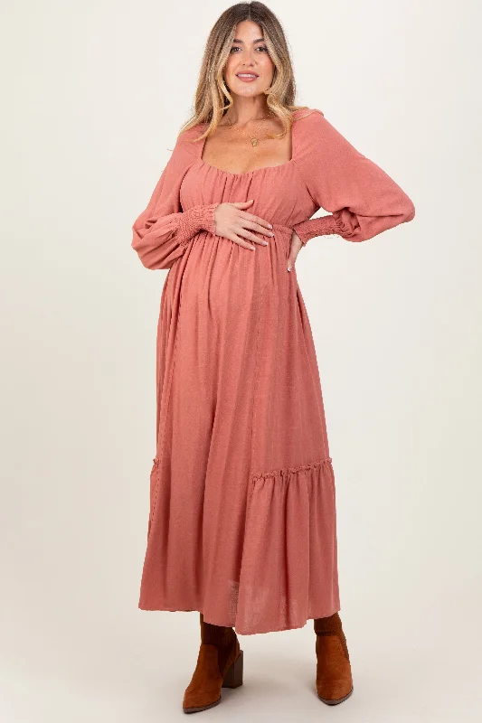 ladies-maxi-dress-budget-bloom-Mauve Square Neckline Bubble Sleeve Maternity Maxi Dress