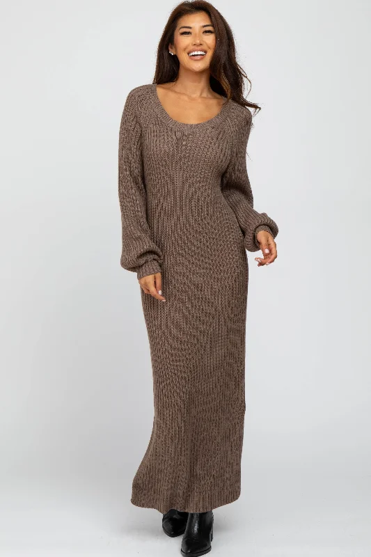 ladies-maxi-dress-playful-petal-Taupe Side Slit Maxi Sweater Dress