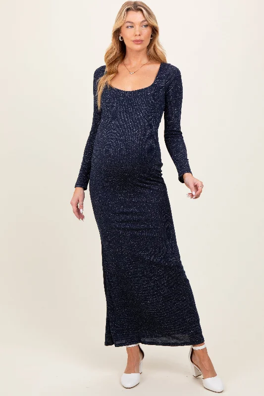 ladies-maxi-dress-padded-petal-Navy Basic Square Neck Long Sleeve Maternity Maxi Dress