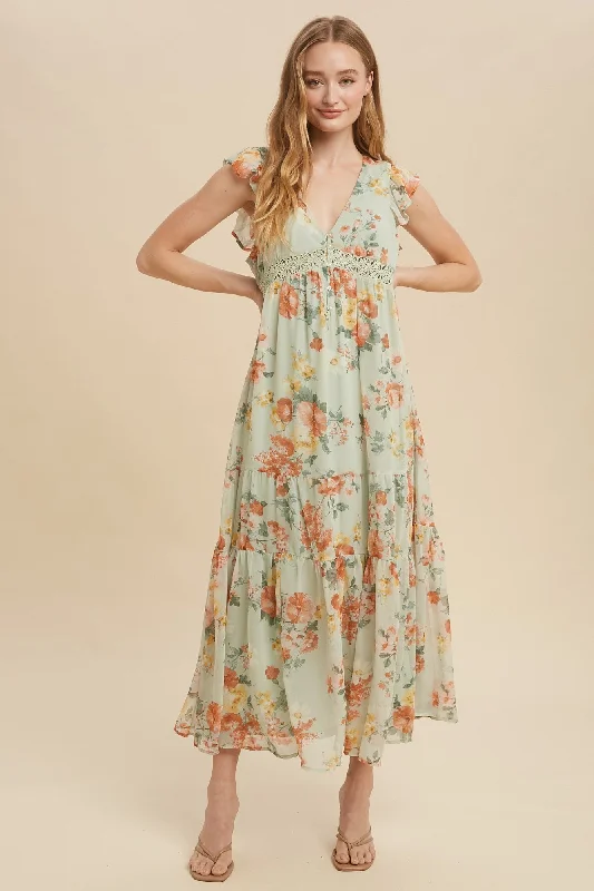 ladies-maxi-dress-delicate-dawn-Green Tea Floral Chiffon Flutter Sleeve Maxi Dress