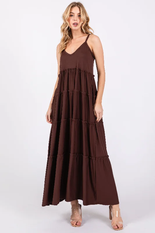 ladies-maxi-dress-orange-orchid-Brown Tiered Sleeveless Maxi Dress