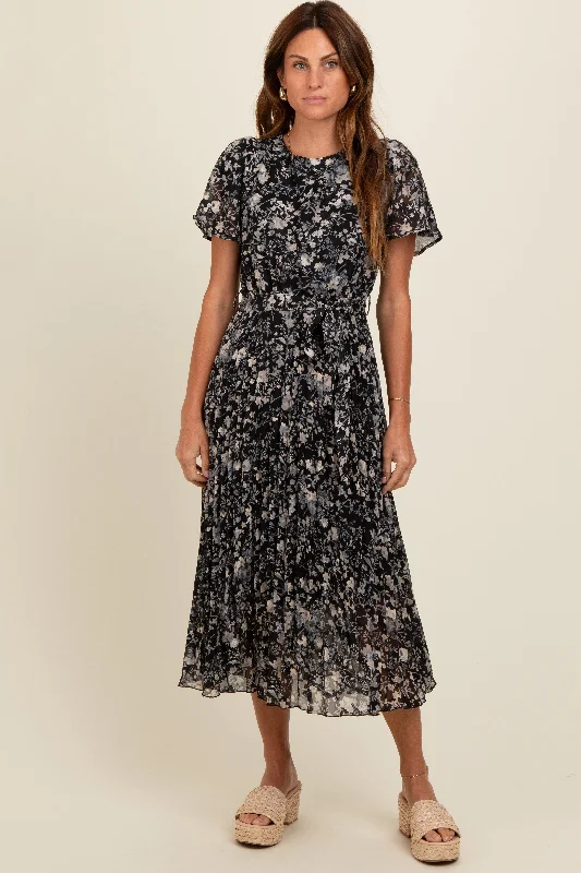 Women's midi dress heart pop -Black Floral Pleated Midi Dress