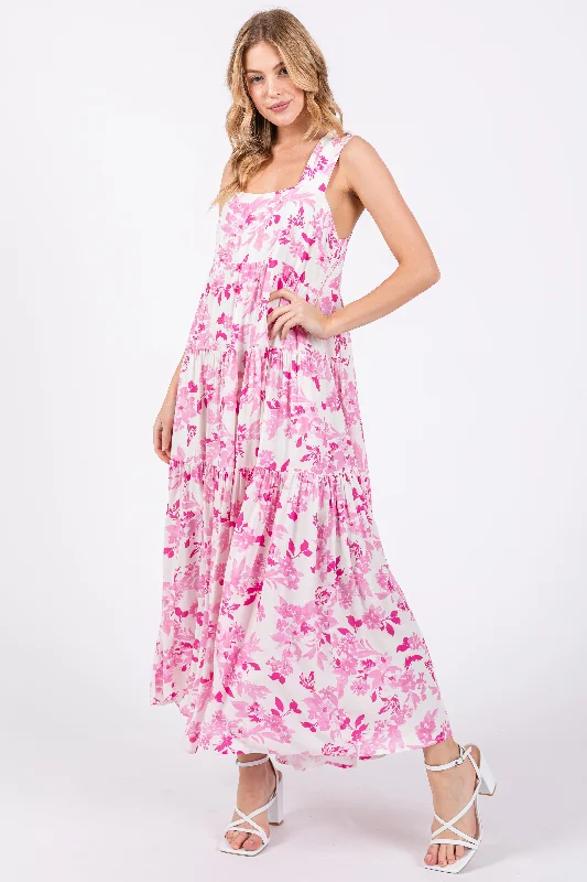 ladies-maxi-dress-denim-dusk-Pink Floral Sleeveless Tiered Maxi Dress