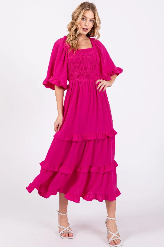 Women's midi dress void pop -Fuchsia Smocked Ruffle Tiered Midi Dress