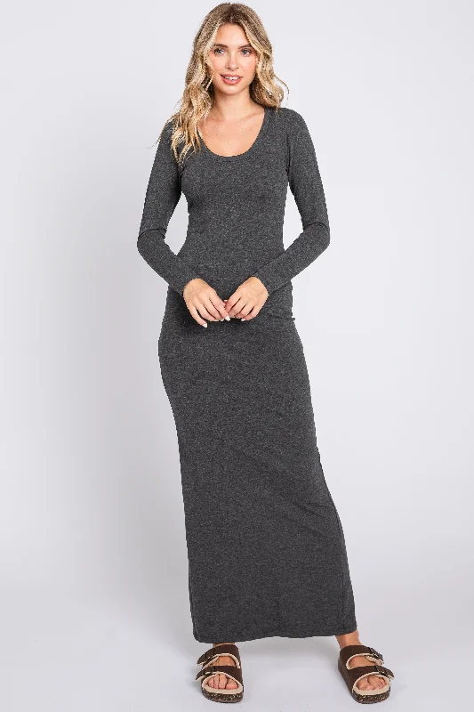 ladies-maxi-dress-lace-luminance-Charcoal Solid Long Sleeve Scoop Neck Maxi Dress