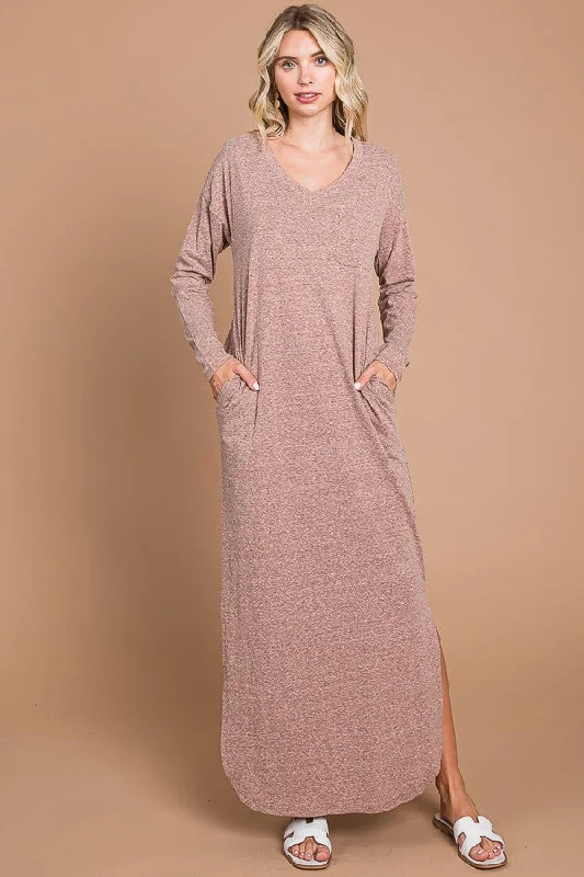 ladies-maxi-dress-evening-ember-Mocha Heathered Pocketed Long Sleeve Maxi Dress