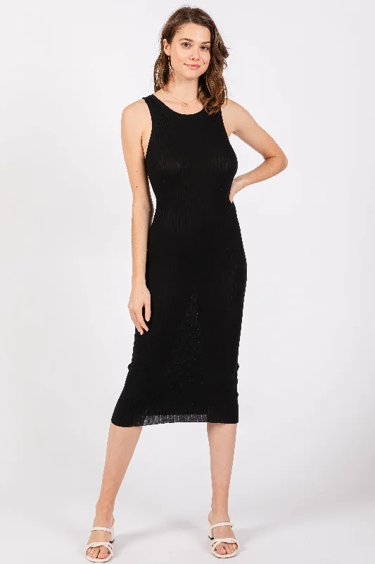 Women's midi dress ice pop -Black Sleeveless Ribbed Midi Dress