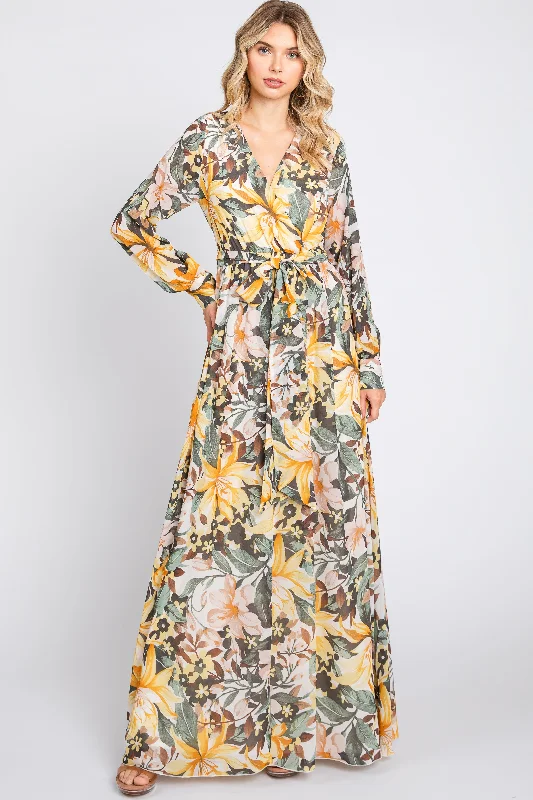 ladies-maxi-dress-metallic-mirth-Yellow Floral Chiffon Wrap Front V-Neck Long Sleeve Maxi Dress