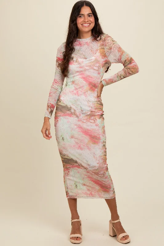 ladies-maxi-dress-yellow-yield-Pink Abstract Printed Mesh Overlay Maxi Dress