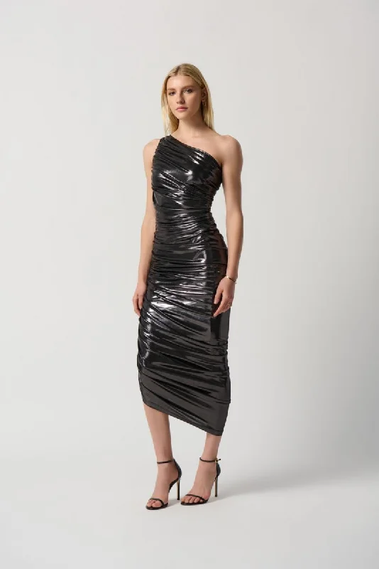 ladies-bodycon-dress-cut-out-cool-Joseph Ribkoff Gunmetal One-Shoulder Ruched Vinyl Bodycon Dress 234158