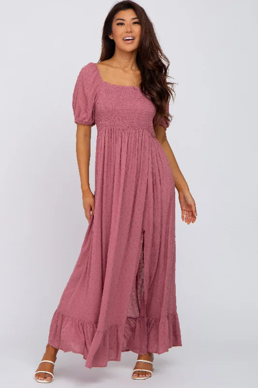 ladies-maxi-dress-low-cut-luster-Mauve Swiss Dot Square Neck Smocked Maxi Dress