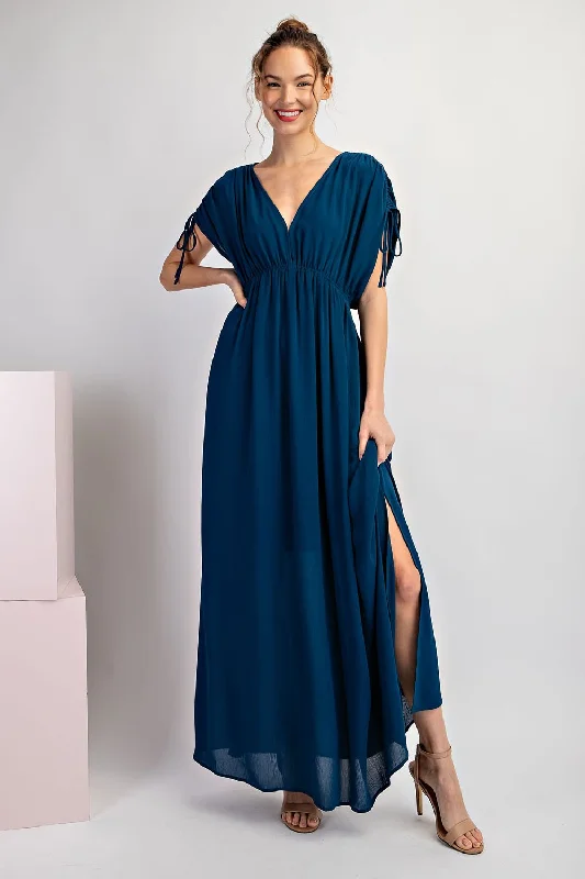 ladies-maxi-dress-v-neck-velvet-Navy Blue V-Neck Drawstring Short Sleeve Side Slit Maxi Dress