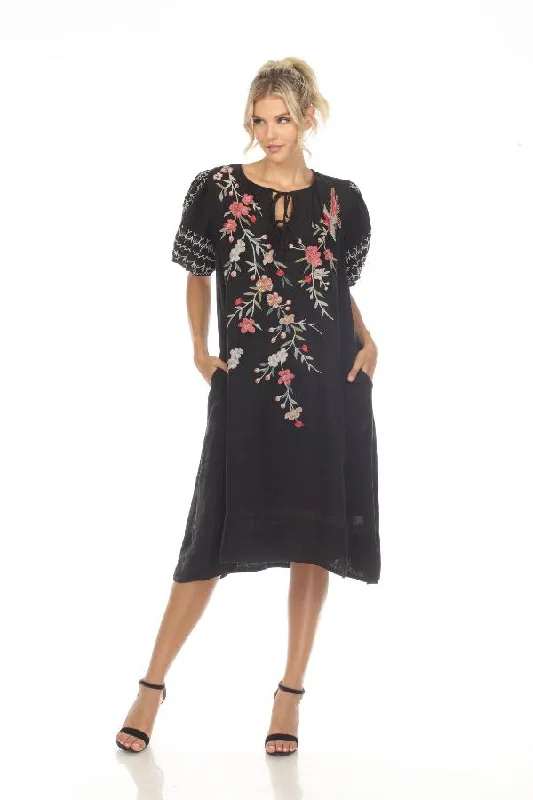 Women's midi dress dawn flair -Johnny Was Workshop Cherri Tie Neck Embroidered Midi Dress Boho Chic W37023