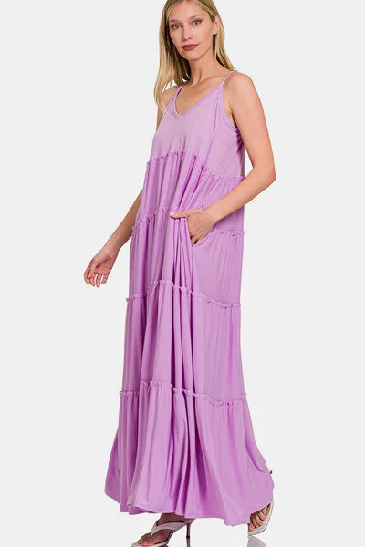 ladies-maxi-dress-off-shoulder-orchid-Frill Tiered V-Neck Maxi Cami Dress