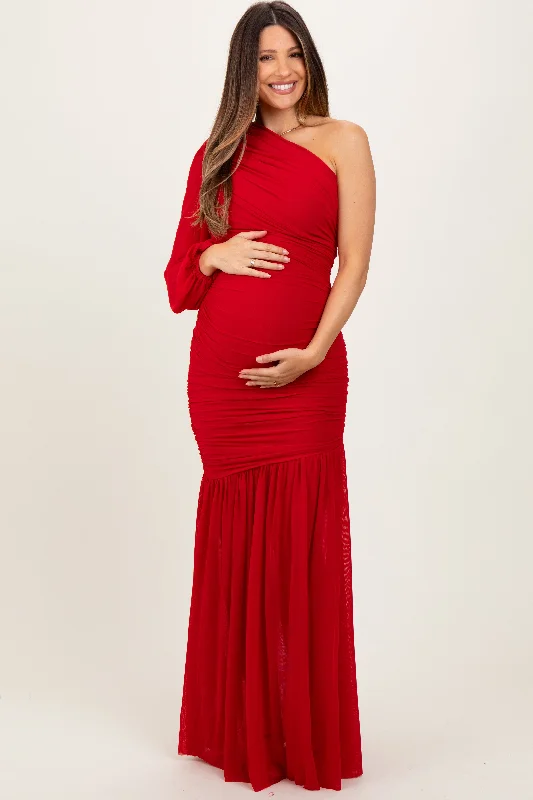 ladies-maxi-dress-tropical-tide-Red Ruched Mesh One Shoulder Asymmetric Maternity Maxi Dress