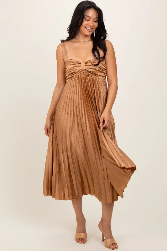 Women's midi dress shop chic -Gold Satin Pleated Sweetheart Midi Dress