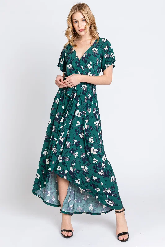 Women's midi dress star glow -Forest Green Floral Wrap Front V-Neck Hi-Low Midi Dress