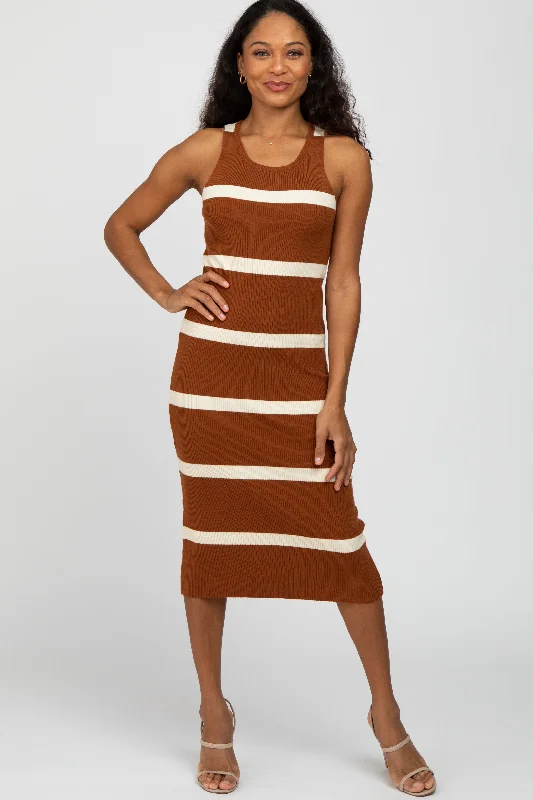 Women's midi dress pure pop -Rust Striped Sleeveless Sweater Midi Dress