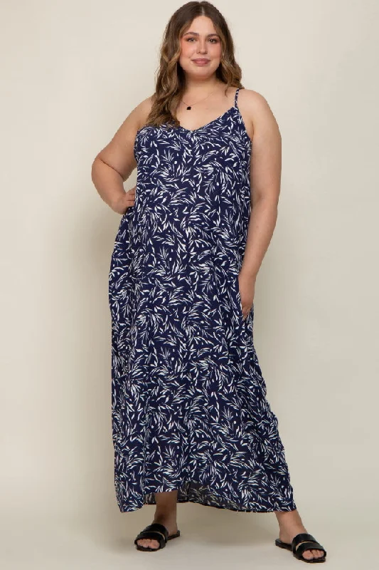 ladies-maxi-dress-bell-sleeve-bloom-Navy Leaf Print Double V-Neck Maternity Plus Maxi Dress