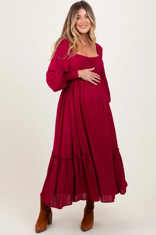 ladies-maxi-dress-travel-tide-Burgundy Square Neckline Bubble Sleeve Maternity Maxi Dress