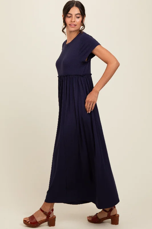 ladies-maxi-dress-wine-whisper-Navy Ruffle Trim Maxi Dress